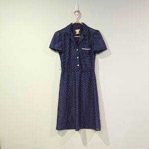 Retro 80's Sears Blue Midi A-Line Polka Dot Dress with Notched Collar